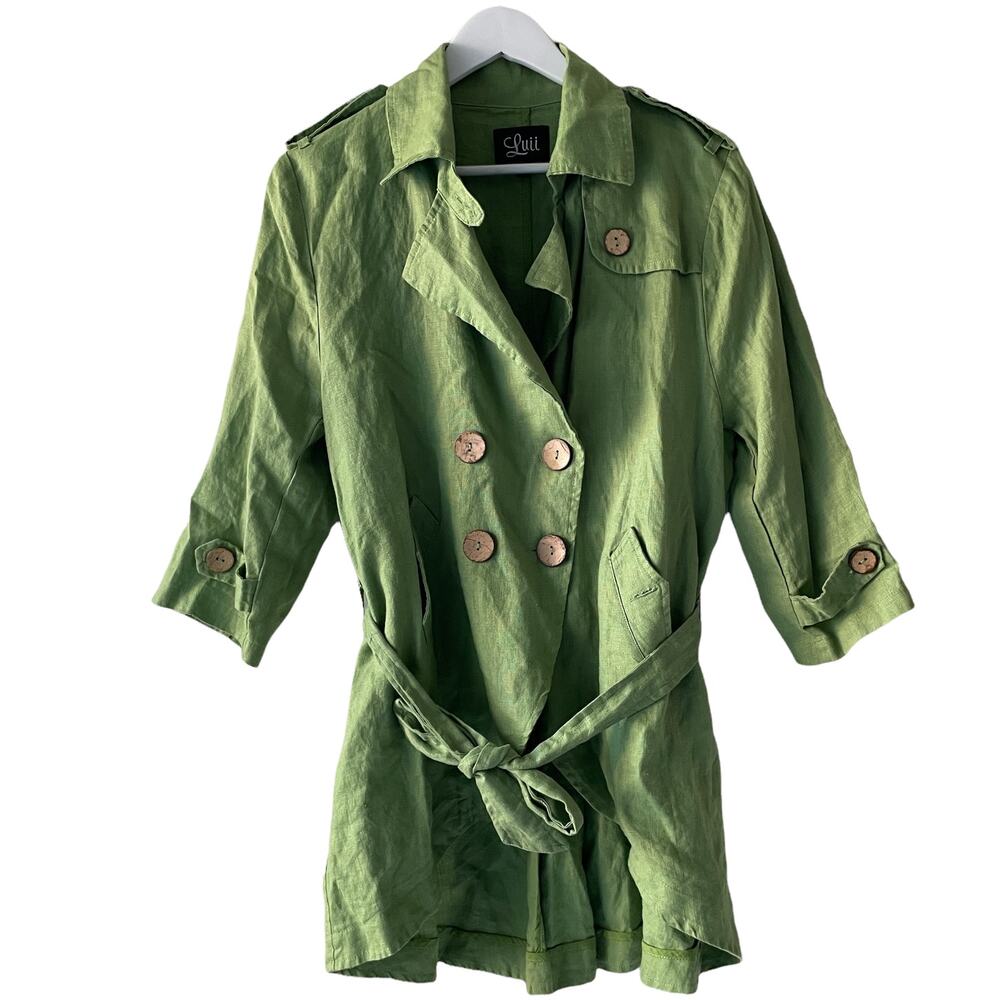 Luii 100% Linen Olive Green Double Breasted Light Jacket with Belt - Size L